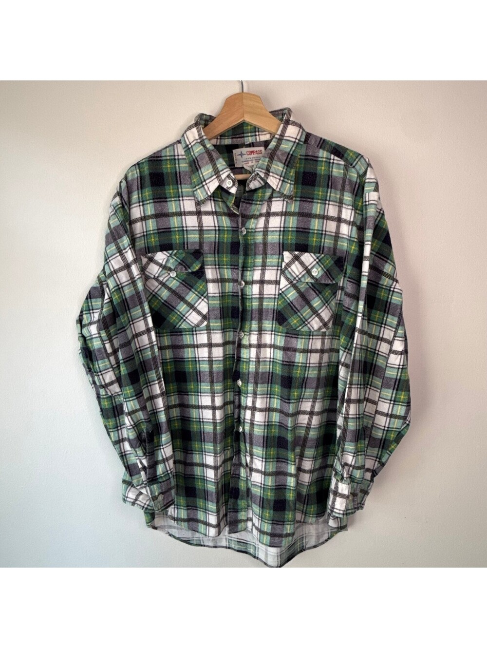 Vintage 70s Compass Green Cotton Flannel Plaid Long Sleeve Shirt Size XL